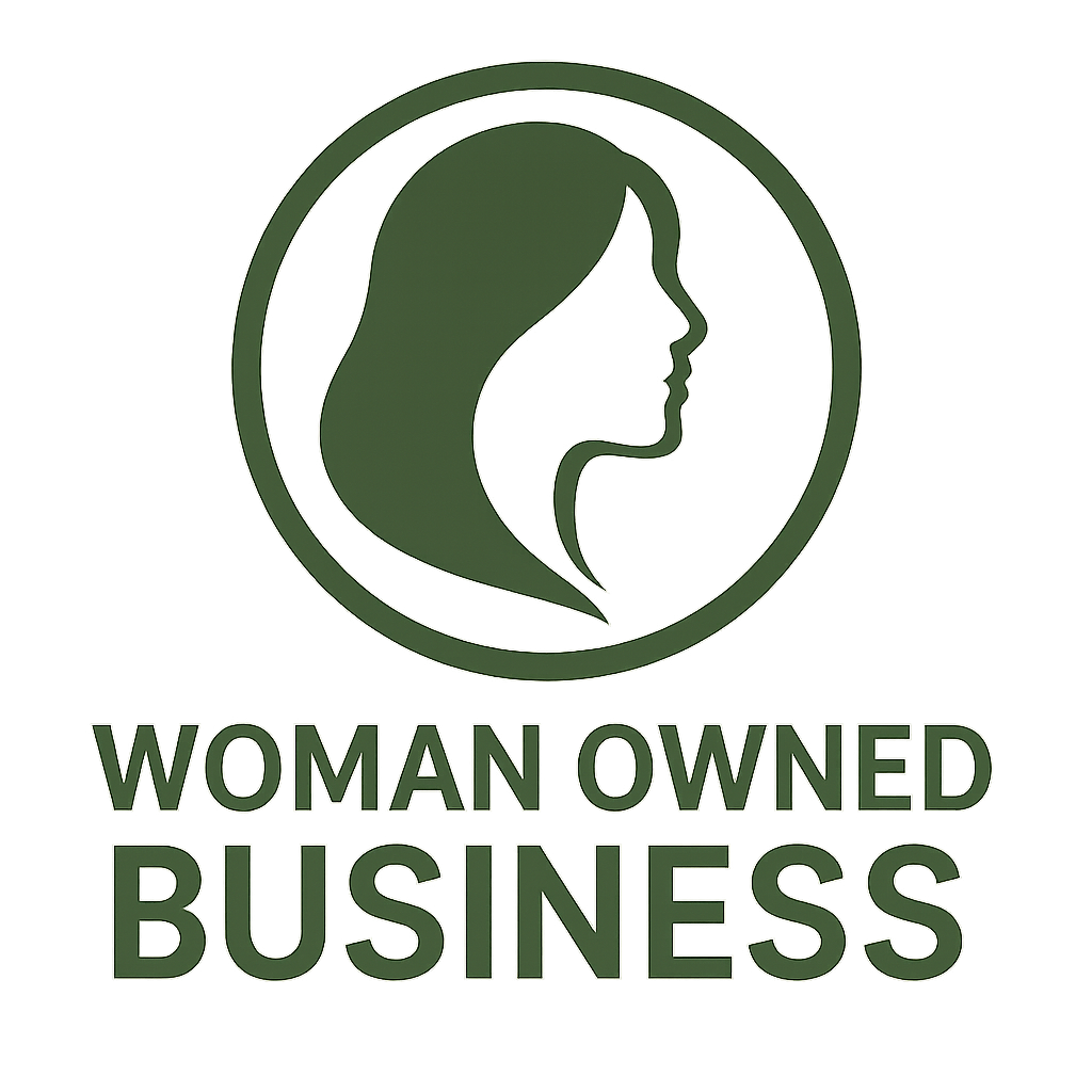 Green Woman Owned Business logo with female silhouette inside circular emblem